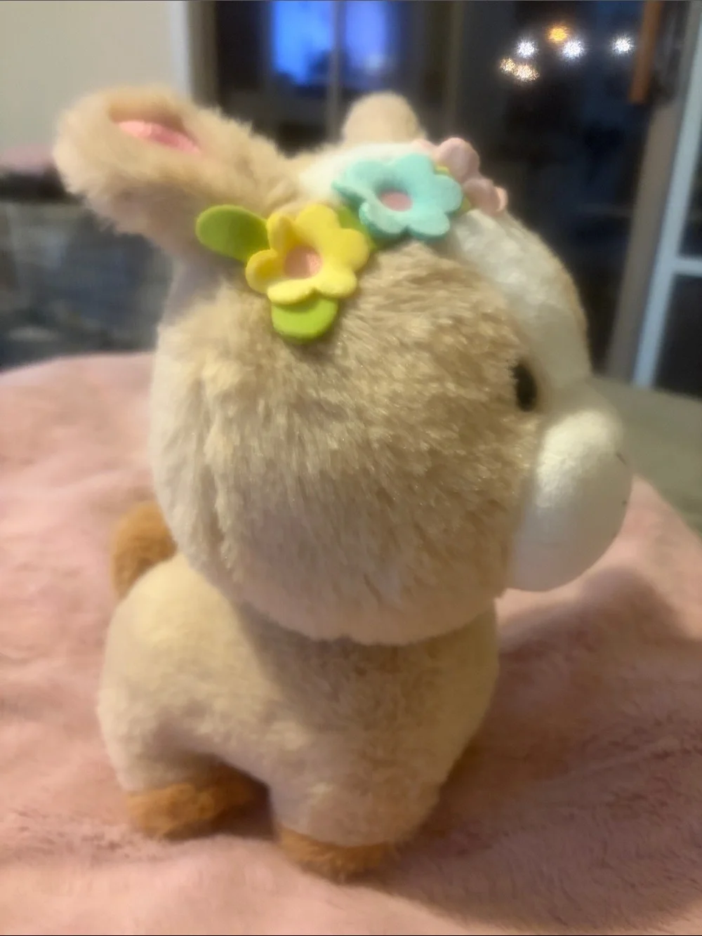 Plush Bunny Headband Accessory in Beige with Pastel Flower Accents